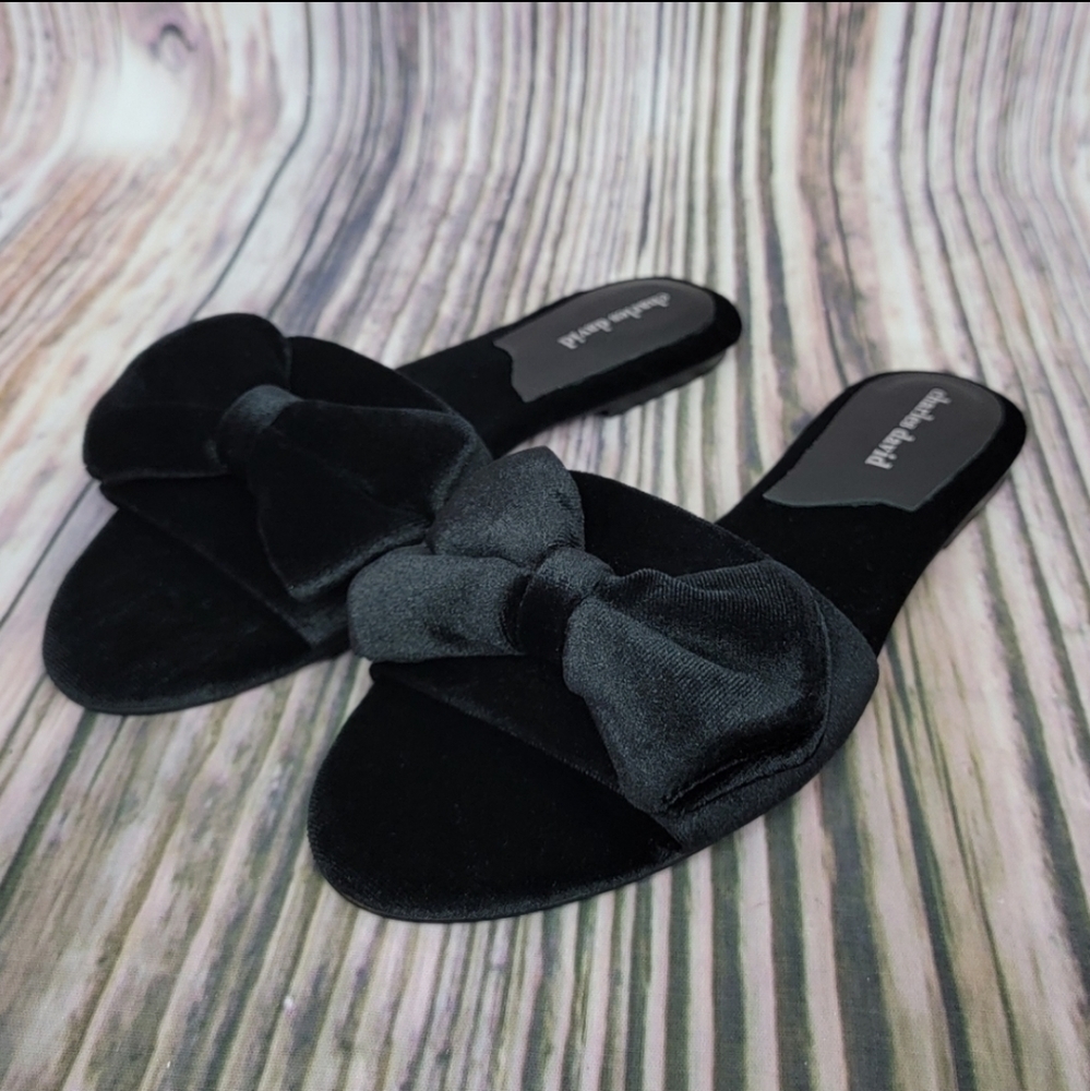 CHARLES David Black Velvet Bow Slide Sandals